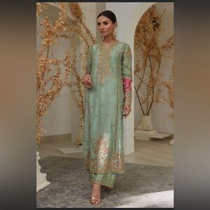 Pink and Green Embroidered Fabric with Gold Accents